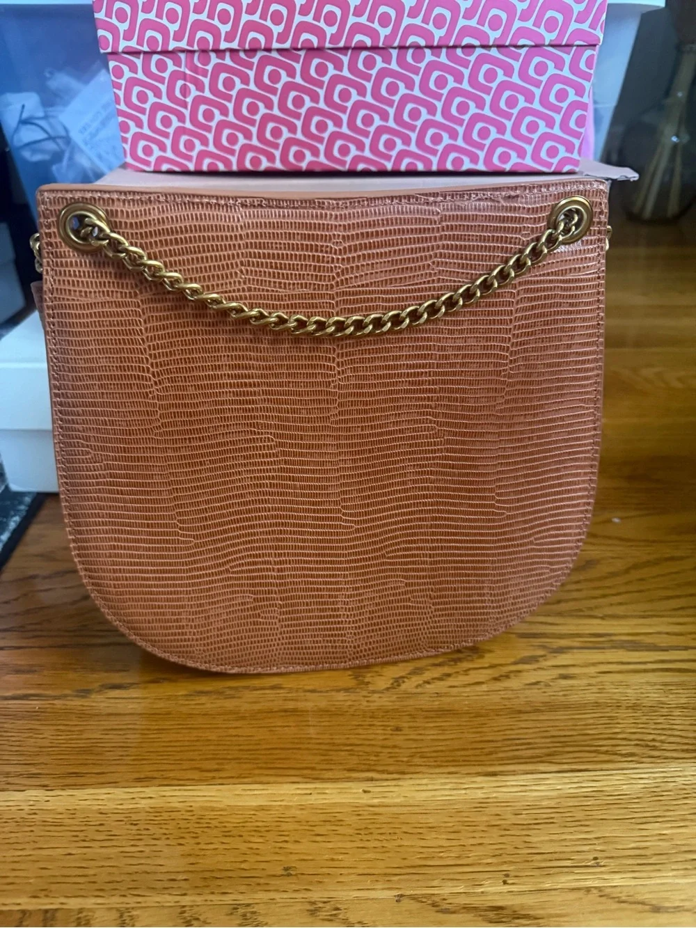 Tan Textured Leather Crossbody Bag with Gold Chain